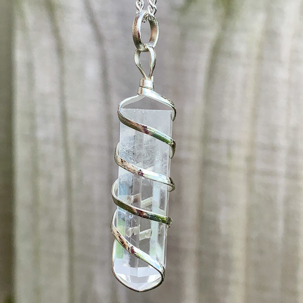 Quartz Crystal Pendant Necklace, Spiral-Wrapped Crystal Wand Necklace -  Silver Enchantments
