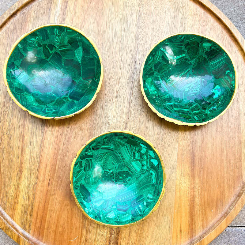 Buy Malachite Home decor? Shop at Magic Crystals for Genuine Malachite Round Bowl - Malachite from Congo, Circular Malachite Bowl with Gold Rim Great for Crystal Grids. malachite aesthetic, malachite jewelry, malachite stone, malachite crystal meaning. Malachite is known as a protection stone.