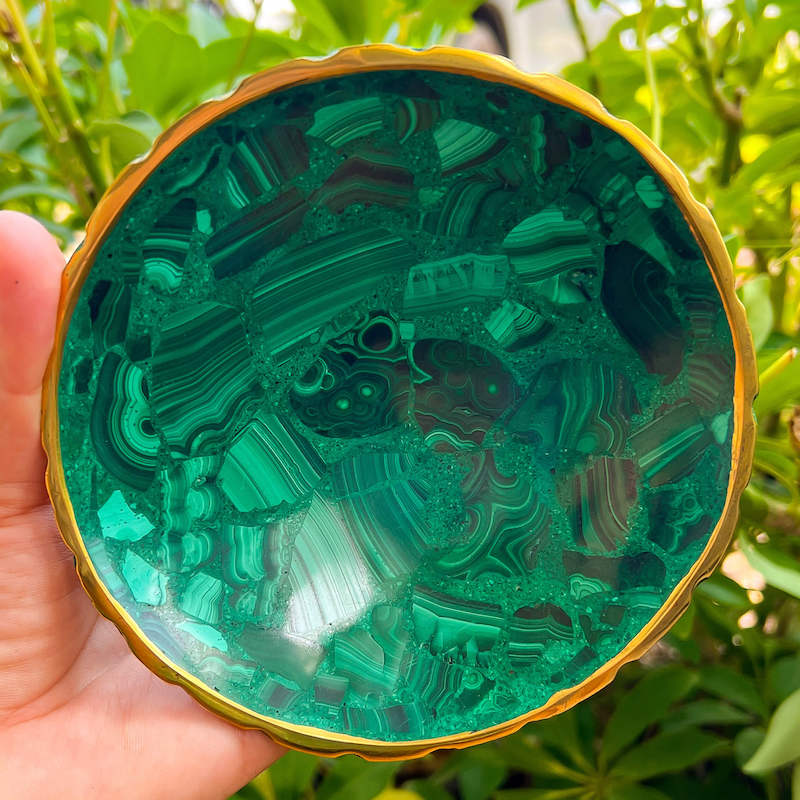 Buy Malachite Home decor? Shop at Magic Crystals for Genuine Malachite Round Bowl - Malachite from Congo, Circular Malachite Bowl with Gold Rim Great for Crystal Grids. malachite aesthetic, malachite jewelry, malachite stone, malachite crystal meaning. Malachite is known as a protection stone.