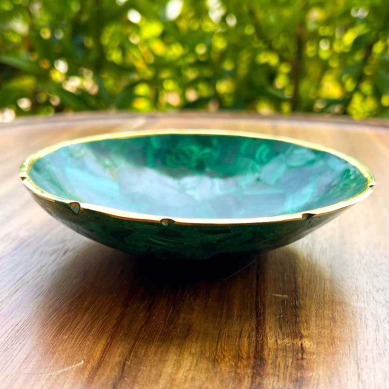 Buy Malachite Home decor? Shop at Magic Crystals for Genuine Malachite Round Bowl - Malachite from Congo, Circular Malachite Bowl with Gold Rim Great for Crystal Grids. malachite aesthetic, malachite jewelry, malachite stone, malachite crystal meaning. Malachite is known as a protection stone.