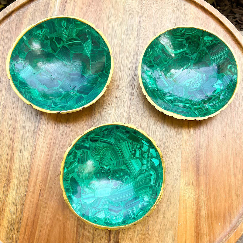 Buy Malachite Home decor? Shop at Magic Crystals for Genuine Malachite Round Bowl - Malachite from Congo, Circular Malachite Bowl with Gold Rim Great for Crystal Grids. malachite aesthetic, malachite jewelry, malachite stone, malachite crystal meaning. Malachite is known as a protection stone.