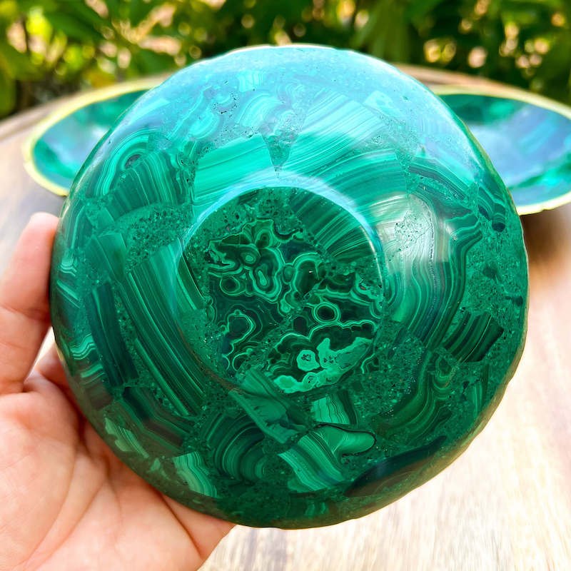 Buy Malachite Home decor? Shop at Magic Crystals for Genuine Malachite Round Bowl - Malachite from Congo, Circular Malachite Bowl with Gold Rim Great for Crystal Grids. malachite aesthetic, malachite jewelry, malachite stone, malachite crystal meaning. Malachite is known as a protection stone.