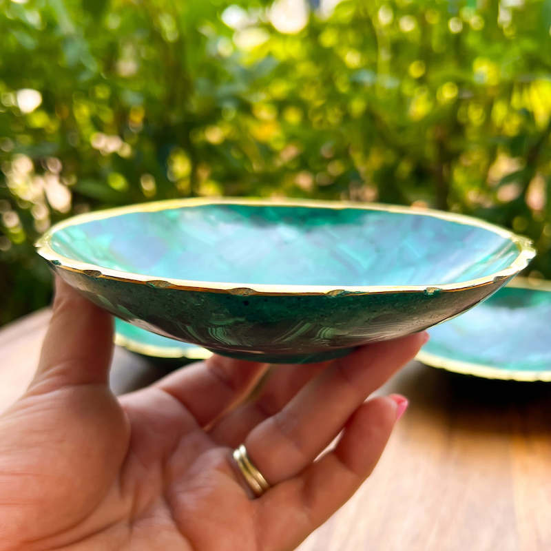 Buy Malachite Home decor? Shop at Magic Crystals for Genuine Malachite Round Bowl - Malachite from Congo, Circular Malachite Bowl with Gold Rim Great for Crystal Grids. malachite aesthetic, malachite jewelry, malachite stone, malachite crystal meaning. Malachite is known as a protection stone.