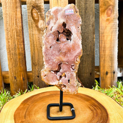 Pink-Amethyst-On-A-Slab. Stone & Quartz. Pink Amethyst Polished Slab on a stand for collector, Pink Amethyst with Druzy Pockets on a stand. Pink Amethyst Slab for display - Druzy Amethyst Stone on Stand, Point, Stone Point, Crystal Point, Pink Amethyst Stones at MagicCrystals M