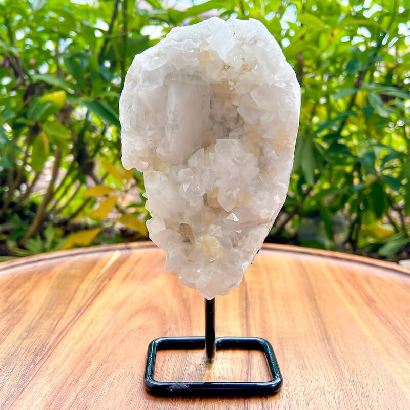 Apophyllite-Cluster-On-A-Stand. Apophyllite cluster, apophyllite geode, raw apophyllite, apophyllite free standing, apophyllite crystal with cut base, Rare Apophyllite Crystal Geode on a stand at MagicCrystals