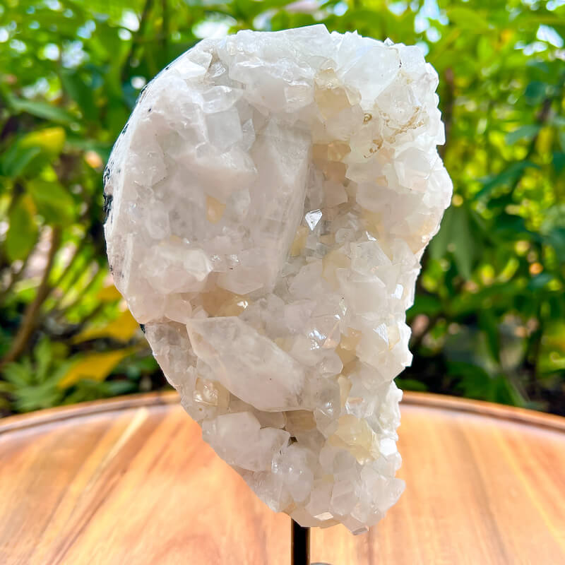 Apophyllite-Cluster-On-A-Stand. Apophyllite cluster, apophyllite geode, raw apophyllite, apophyllite free standing, apophyllite crystal with cut base, Rare Apophyllite Crystal Geode on a stand at MagicCrystals