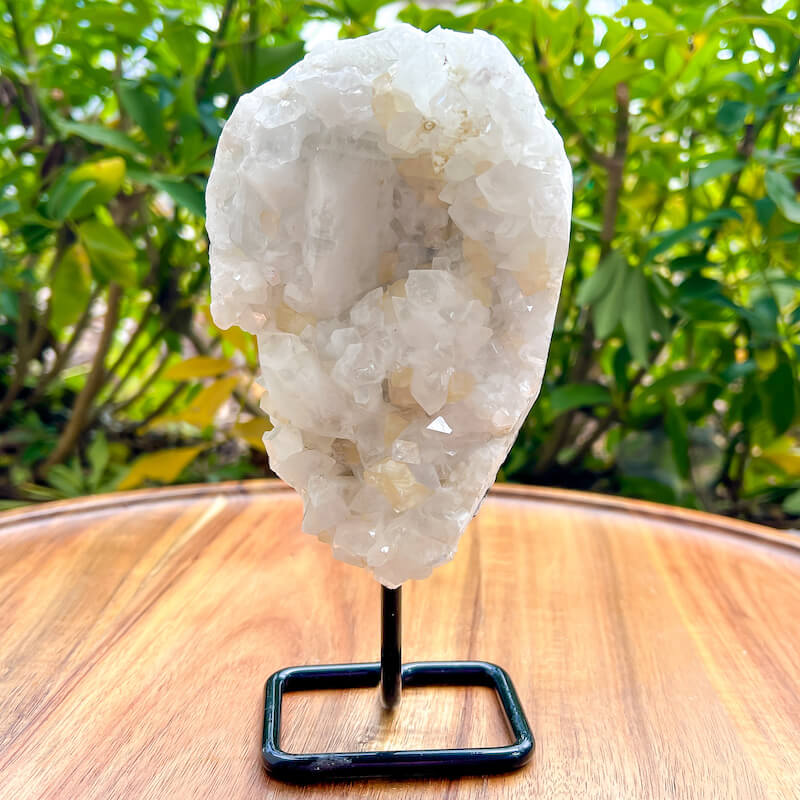 Apophyllite-Cluster-On-A-Stand. Apophyllite cluster, apophyllite geode, raw apophyllite, apophyllite free standing, apophyllite crystal with cut base, Rare Apophyllite Crystal Geode on a stand at MagicCrystals