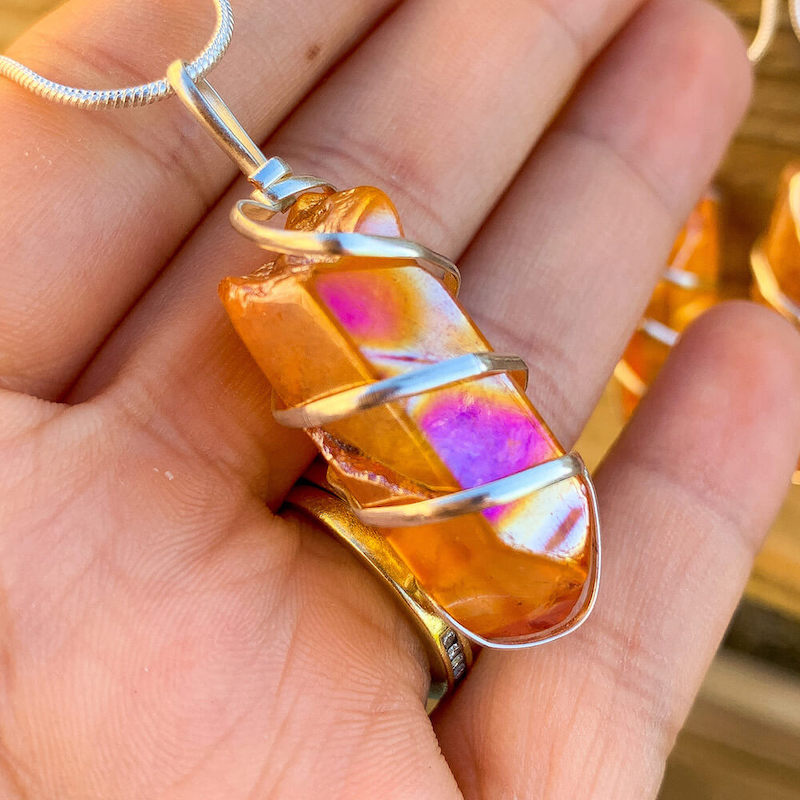 Druze Tangerine Aura Quartz and Silver Wrapped hot Pendant~ Fire Kissed