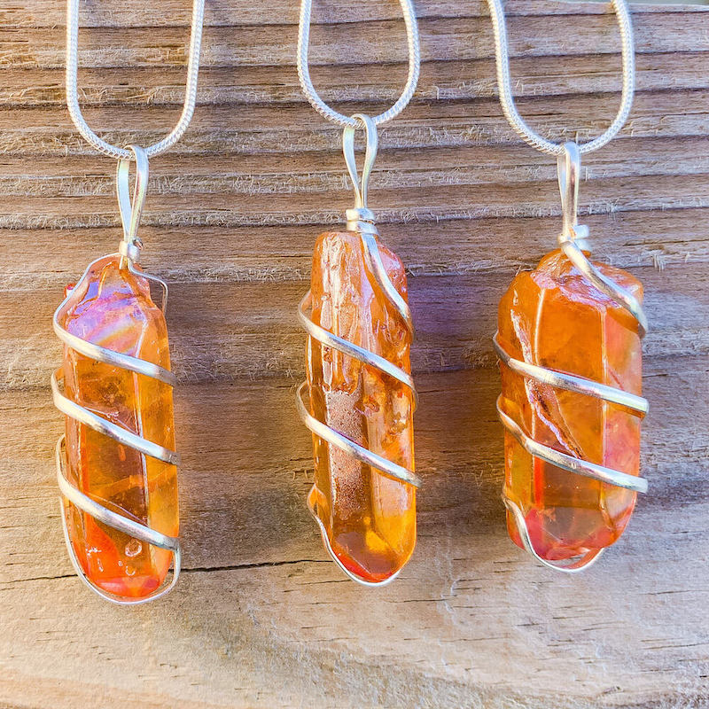 Druze Tangerine Aura Quartz and Silver Wrapped Pendant~ 2024 Fire Kissed