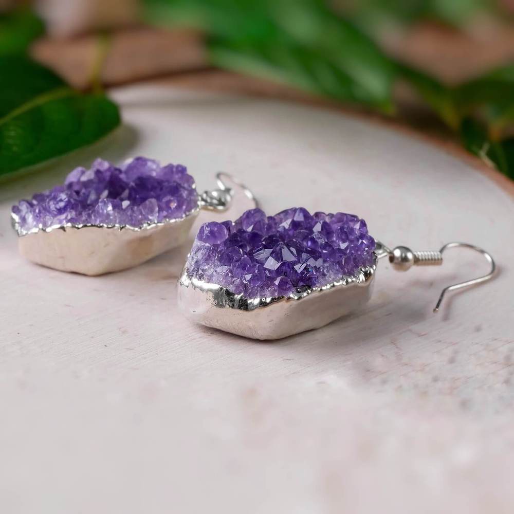 Amethyst Druzy Earrings with Moonstone Sterling Silver, February buying Birthstone Gift for Her, Handcrafted Natural Gemstone Jewelry, Jen's Fancy