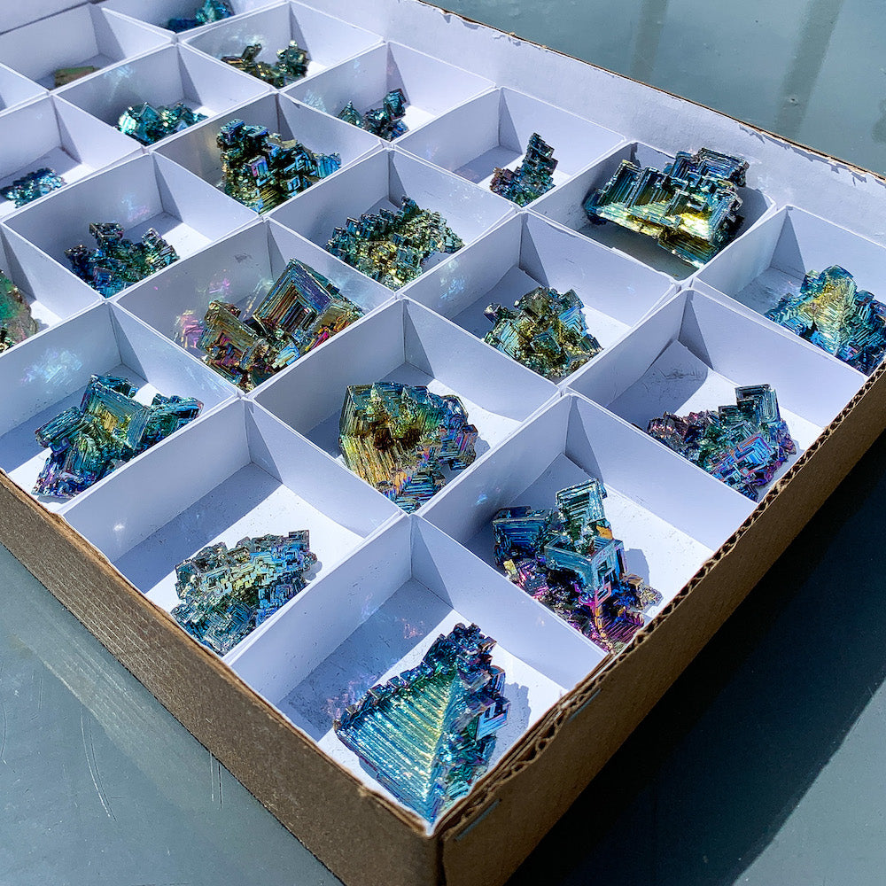 Looking for grade A quality Bismuth? Shop at Magic Crystals for Bismuth Crystals Cluster Specimen - Lab-Grown Stone. Brand new, 100% Bismuth rainbow crystals. They display beautifully at all angles. FREE SHIPPING AVAILABLE. Crystal Display Cluster Pyramid Metal Decor Rocks Minerals Specimen