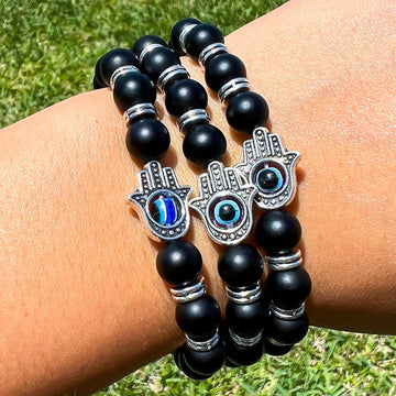 Buy The Black Onyx Matte and Silver Star Beaded Bracelet | JaeBee 6 - 7