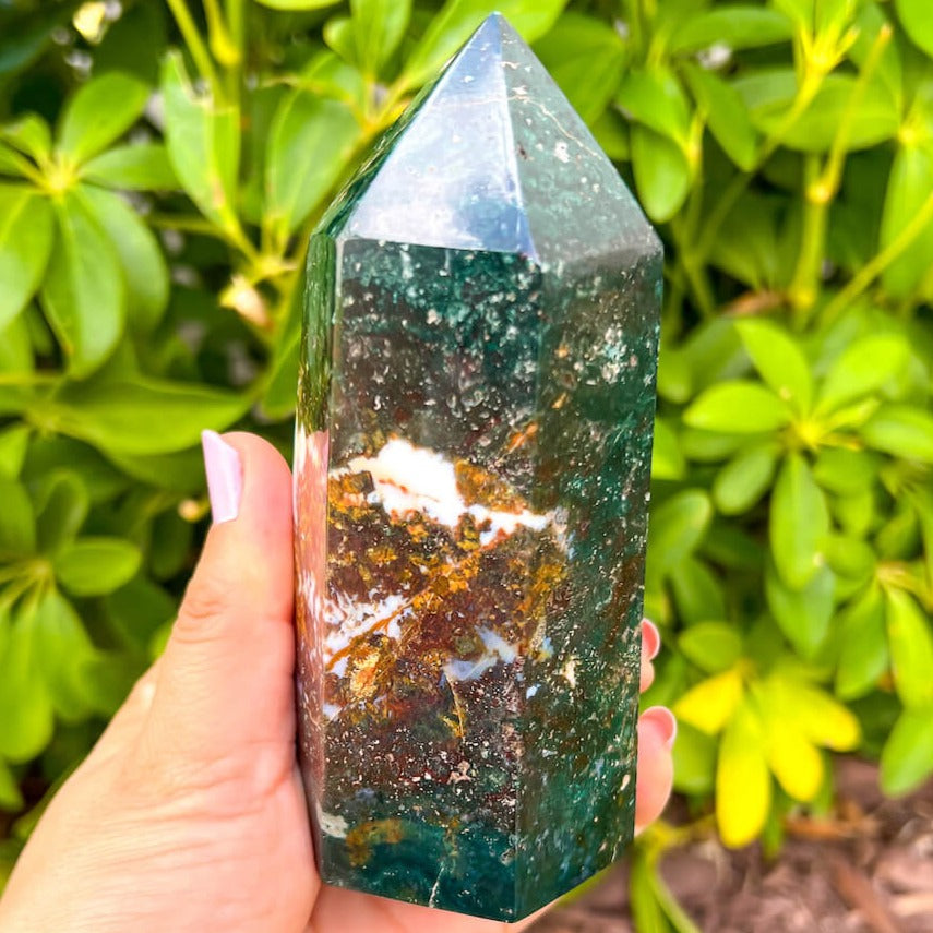 Buy Bloodstone - Moss Agate Obelisk, Piedra Sanguinaria | Bulk Crystals at Magic Crystals. Bloodstone or Sanguinaria is an uplifting and protective. It facilitates clarity decision and boosts energy. FREE SHIPPING available.