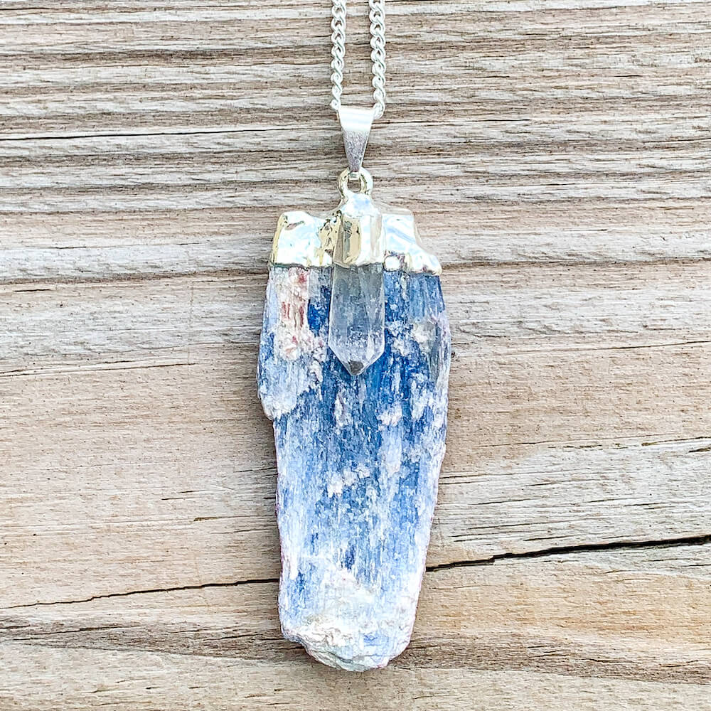 Clear quartz faceted top crystal point, dark blue and green mystic mermaid glass, labradorite, kyanite crystal necklace, luxe, fairycore fashion