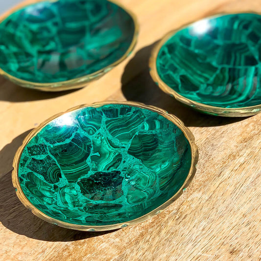 Buy Malachite Home decor? Shop at Magic Crystals for Genuine Malachite Round Bowl - Malachite from Congo, Circular Malachite Bowl with Gold Rim Great for Crystal Grids. malachite aesthetic, malachite jewelry, malachite stone, malachite crystal meaning. Malachite is known as a protection stone.